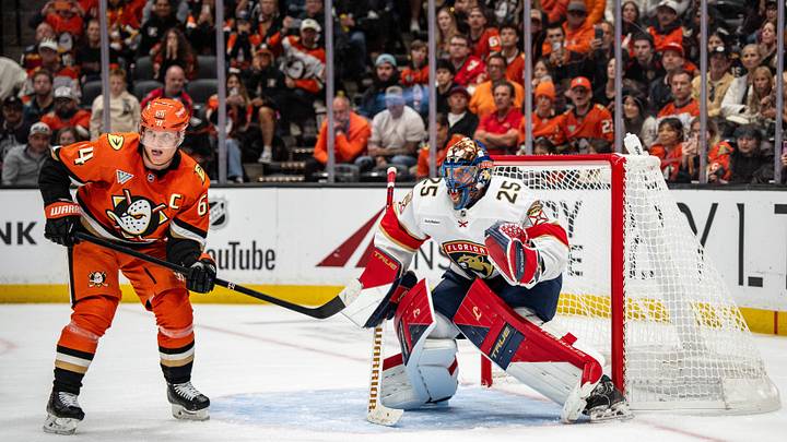 Oct 4, 2026; Anaheim, California, USA; Anaheim Ducks center Mikael Granlund (64) positions in front of Florida Panthers goaltender Jacob Markstrom (25) in overtime at Honda Center. Mandatory Credit: Corinne Votaw-Imagn Images Oct 4, 2026; Anaheim, California, USA; Anaheim Ducks center Mikael Granlund (64) positions in front of Florida Panthers goaltender Jacob Markstrom (25) in overtime at Honda Center. Mandatory Credit: Corinne Votaw-Imagn Images