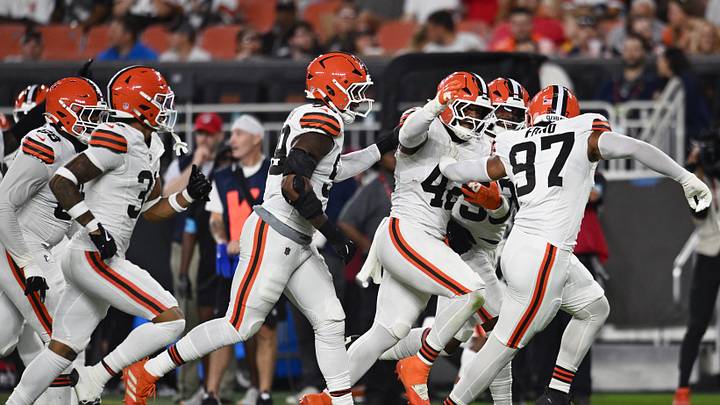 Aug 27, 2026; Cleveland, Ohio, USA; Cleveland Browns linebacker Easton Mascarenas-Arnold (42) celebrates after an interception against the New England Patriots during the first half at Huntington Bank Field. Mandatory Credit: Ken Blaze-Imagn Images Aug 27, 2026; Cleveland, Ohio, USA; Cleveland Browns linebacker Easton Mascarenas-Arnold (42) celebrates after an interception against the New England Patriots during the first half at Huntington Bank Field. Mandatory Credit: Ken Blaze-Imagn Images