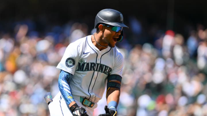 Seattle Mariners center fielder Julio Rodriguez (44) celebrates hitting a home run against the Baltimore Orioles during the fifth inning at T-Mobile Park on July 4.