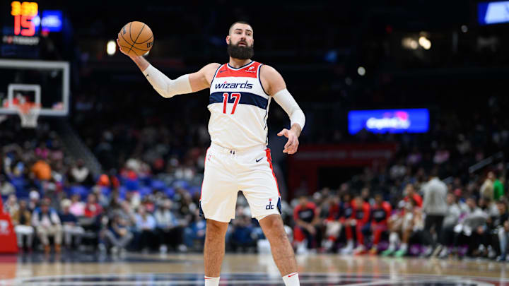 Nov 27, 2024; Washington, District of Columbia, USA; Washington Wizards center Jonas Valanciunas (17) looks to pass the ball during the second quarter against the LA Clippers at Capital One Arena. Mandatory Credit: Reggie Hildred-Imagn Images