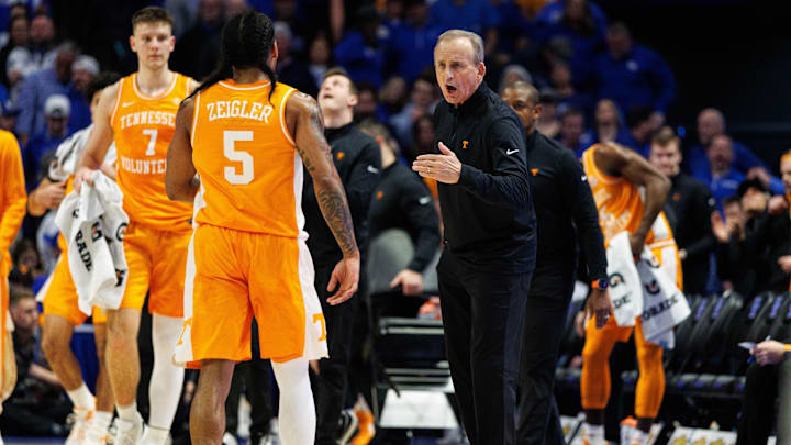 Feb 11, 2025; Lexington, Kentucky, USA; Tennessee Volunteers head coach Rick Barnes talks with guard Zakai Zeigler (5) during the first half against the Kentucky Wildcats at Rupp Arena at Central Bank Center. Mandatory Credit: Jordan Prather-Imagn Images