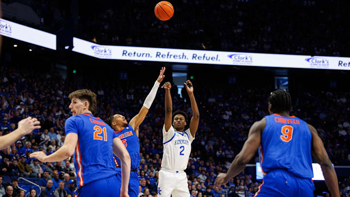 Jan 4, 2025; Lexington, Kentucky, USA; Kentucky Wildcats guard Jaxson Robinson (2) shoots the ball during the second half against the Florida Gators at Rupp Arena at Central Bank Center. Mandatory Credit: Jordan Prather-Imagn Images