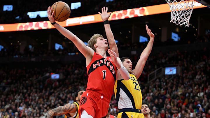 Feb 14, 2024; Toronto, Ontario, CAN;   Toronto Raptors guard Gradey Dick (1) shoots the ball against