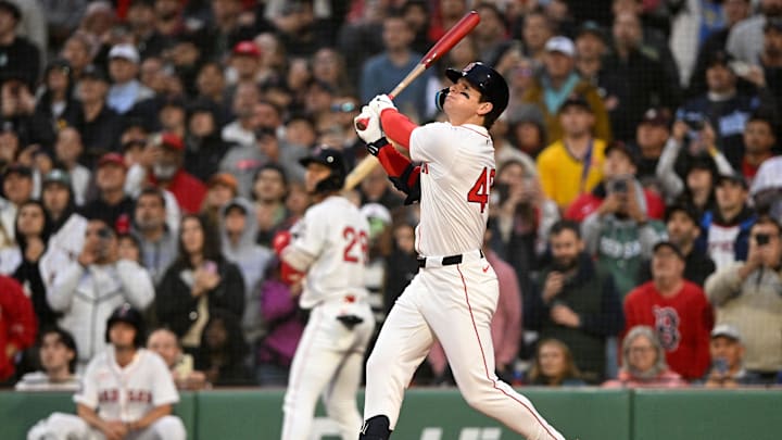 Boston Red Sox right fielder Roman Anthony (48) hits a fly out to left field during the second inning of a game against the Tampa Bay Rays at Fenway Park on June 9.