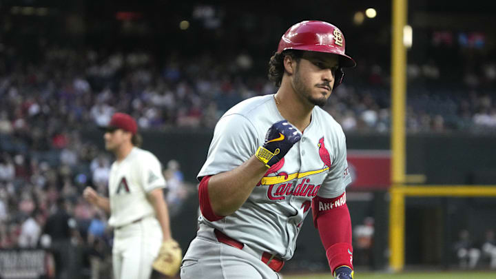 Nolan Arenado rounds bases after hitting  a three-run homer against Brandon Pfaadt in the first inning April 12, 2024
