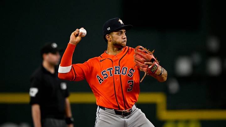 Jul 11, 2026; Arlington, Texas, USA; Houston Astros shortstop Jeremy Pena (3) in action during the game between the Rangers and the Astros at Globe Life Field. Mandatory Credit: Jerome Miron-Imagn Images