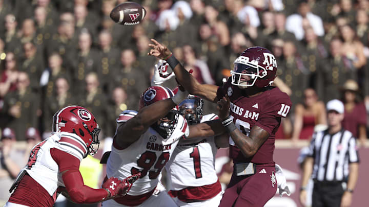 Nov 15, 2025; College Station, Texas, USA; Texas A&M Aggies quarterback Marcel Reed (10) passes the ball during the fourth quarter against the South Carolina Gamecocks at Kyle Field. Mandatory Credit: Troy Taormina-Imagn Images Nov 15, 2025; College Station, Texas, USA; Texas A&M Aggies quarterback Marcel Reed (10) passes the ball during the fourth quarter against the South Carolina Gamecocks at Kyle Field. Mandatory Credit: Troy Taormina-Imagn Images