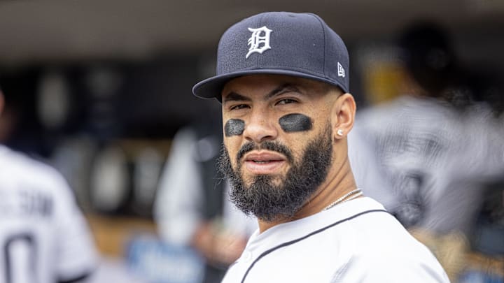 Apr 26, 2025; Detroit, Michigan, USA; Detroit Tigers second base Gleyber Torres (25) walks around in the dugout before the game against the Baltimore Orioles during game one of a double header at Comerica Park.