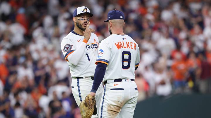 Aug 11, 2025; Houston, Texas, USA; Houston Astros third baseman Carlos Correa (1) celebrates with first baseman Christian Walker (8) after the game against the Boston Red Sox at Daikin Park. Mandatory Credit: Troy Taormina-Imagn Images