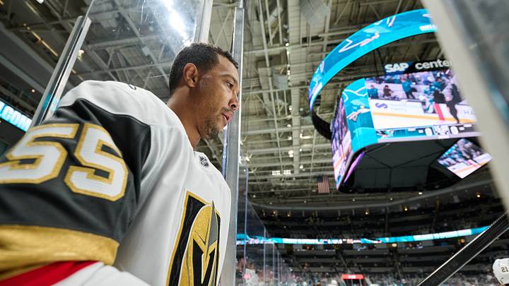 Oct 9, 2025; San Jose, California, USA; Vegas Golden Knights right wing Keegan Kolesar (55) steps onto the ice for warmups before the game against the San Jose Sharks at SAP Center at San Jose. Mandatory Credit: Robert Edwards-Imagn Images Oct 9, 2025; San Jose, California, USA; Vegas Golden Knights right wing Keegan Kolesar (55) steps onto the ice for warmups before the game against the San Jose Sharks at SAP Center at San Jose. Mandatory Credit: Robert Edwards-Imagn Images