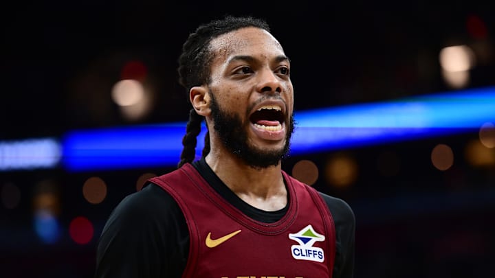 Jan 12, 2026; Cleveland, Ohio, USA; Cleveland Cavaliers guard Darius Garland (10) argues a call with referee Brent Barnaky (not pictured) during the second half against the Utah Jazz at Rocket Arena. Mandatory Credit: Ken Blaze-Imagn Images