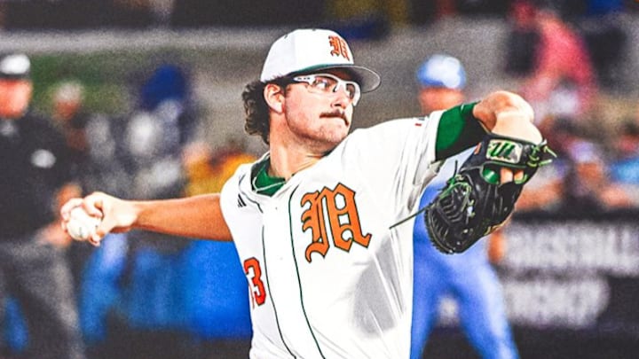 Miami Hurricanes pitcher Griffin Hugus throwing a complete game in the 2025 Hattiesburg Regional against Columbia