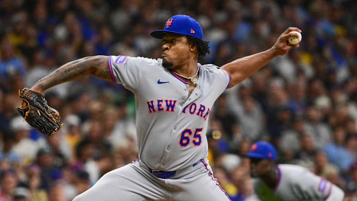 Aug 8, 2025; Milwaukee, Wisconsin, USA; New York Mets pitcher Gregory Soto (65) throws a pitch in the seventh inning against the Milwaukee Brewers at American Family Field. Mandatory Credit: Benny Sieu-Imagn Images