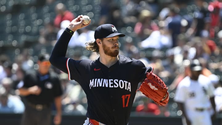 Minnesota Twins pitcher Bailey Ober (17) delivers the ball during the first inning against the Chicago White Sox at Guaranteed Rate Field in Chicago on July 10, 2024. Minnesota Twins pitcher Bailey Ober (17) delivers the ball during the first inning against the Chicago White Sox at Guaranteed Rate Field in Chicago on July 10, 2024.