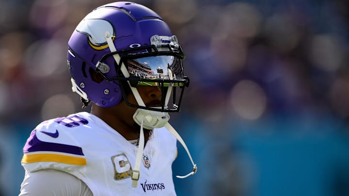 Nov 17, 2024; Nashville, Tennessee, USA; Minnesota Vikings wide receiver Justin Jefferson (18) before a game against the Tennessee Titans at Nissan Stadium.