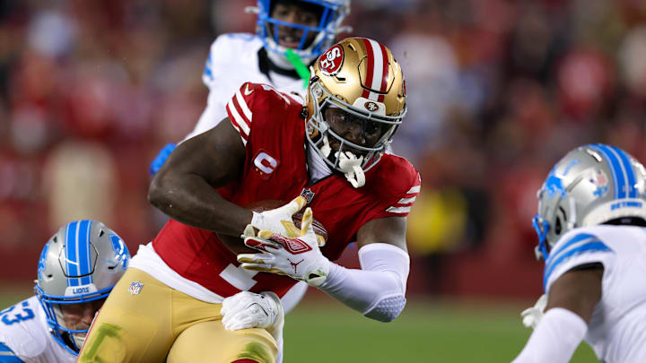 Dec 30, 2024; Santa Clara, California, USA; San Francisco 49ers wide receiver Deebo Samuel Sr. (1) during the game against the Detroit Lions at Levi's Stadium. Mandatory Credit: Sergio Estrada-Imagn Images