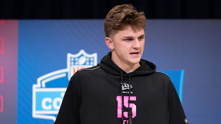 Houston Cougars tight end Tanner Koziol speaks to members of the media during the NFL Combine.