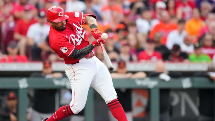 Cincinnati Reds first base Christian Encarnacion-Strand (33) hits a single to shallow right field in the second inning of a baseball game against the Baltimore Orioles, Saturday, May 4, 2024, at Great American Ball Park in Cincinnati. Cincinnati Reds first base Christian Encarnacion-Strand (33) hits a single to shallow right field in the second inning of a baseball game against the Baltimore Orioles, Saturday, May 4, 2024, at Great American Ball Park in Cincinnati.