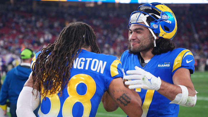 Jan 13, 2025; Glendale, AZ, USA; Los Angeles Rams wide receiver Puka Nacua (17) reacts with wide receiver Jordan Whittington (88) during the second half against the Minnesota Vikings in an NFC wild card game at State Farm Stadium. Mandatory Credit: Joe Camporeale-Imagn Images Jan 13, 2025; Glendale, AZ, USA; Los Angeles Rams wide receiver Puka Nacua (17) reacts with wide receiver Jordan Whittington (88) during the second half against the Minnesota Vikings in an NFC wild card game at State Farm Stadium. Mandatory Credit: Joe Camporeale-Imagn Images