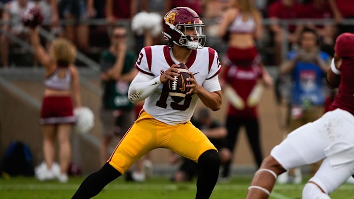 Sep 10, 2022; Stanford, California, USA;  USC Trojans quarterback Caleb Williams (13) throws the