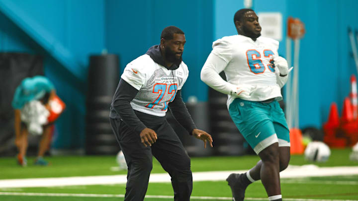 Jun 4, 2024; Miami Gardens, FL, USA; Miami Dolphins offensive tackle Terron Armstead (72) works out during mandatory minicamp at Baptist Health Training Complex. Mandatory Credit: Sam Navarro-USA TODAY Sports
