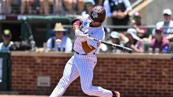 Jun 8, 2024; College Station, TX, USA; Texas A&M outfielder Jace LaViolette (17) at bat during the first inning against the Oregon at Olsen Field, Blue Bell Park Mandatory Credit: Maria Lysaker-USA TODAY Sports