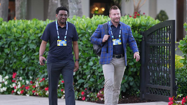 Apr 1, 2025; Palm Beach, FL, USA;  Los Angeles Rams head coach Sean McVay, right, attends the NFL Annual League Meeting at The Breakers. Mandatory Credit: Jim Rassol-Imagn Images