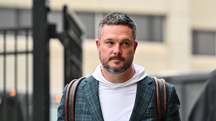 Nov 8, 2025; Iowa City, Iowa, USA; Oregon Ducks head coach Dan Lanning enters Kinnick Stadium before the game against the Iowa Hawkeyes. 