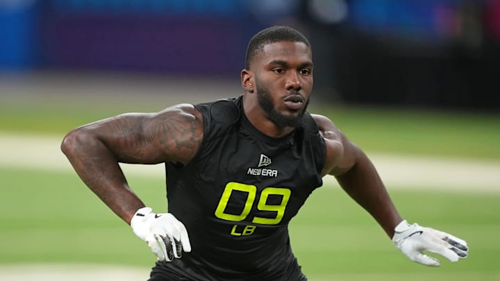 Florida linebacker Shemar James participates in drills during the NFL Combine at Lucas Oil Stadium.