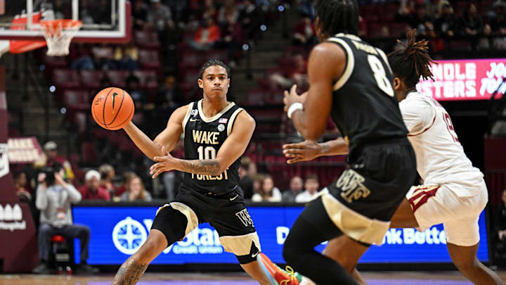 Jan 17, 2026; Tallahassee, Florida, USA; Wake Forest Demon Deacons guard Sebastian Akins (10) passes the ball during the first half against the Florida State Seminoles at Donald L. Tucker Center. Mandatory Credit: Melina Myers-Imagn Images