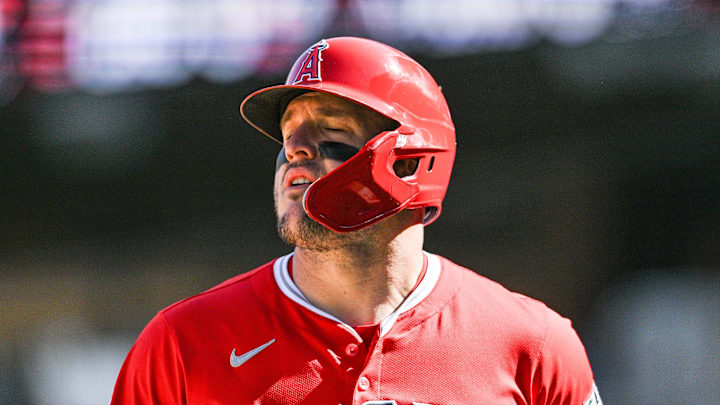 Apr 26, 2025; Minneapolis, Minnesota, USA; Los Angeles Angels outfielder Mike Trout (27) reacts after lining out during the ninth inning against the Minnesota Twins at Target Field. 