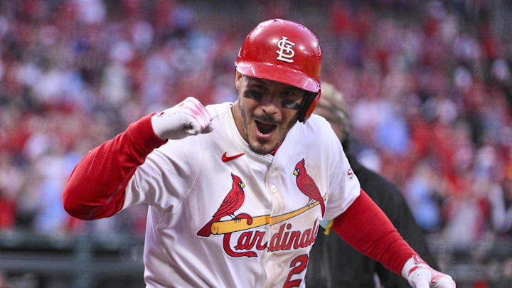 Mar 27, 2025; St. Louis, Missouri, USA;  St. Louis Cardinals third baseman Nolan Arenado (28) reacts after hitting a solo home run against the Minnesota Twins during the eighth inning at Busch Stadium. Mandatory Credit: Jeff Curry-Imagn Images