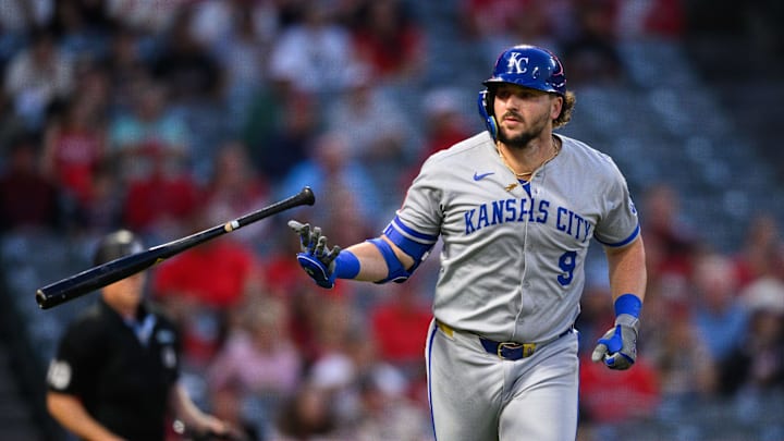 Sep 25, 2025; Anaheim, California, USA; Kansas City Royals designated hitter Vinnie Pasquantino (9) tosses his bat after hitting a home run during the first inning against the Los Angeles Angels at Angel Stadium. Mandatory Credit: William Liang-Imagn Images Sep 25, 2025; Anaheim, California, USA; Kansas City Royals designated hitter Vinnie Pasquantino (9) tosses his bat after hitting a home run during the first inning against the Los Angeles Angels at Angel Stadium. Mandatory Credit: William Liang-Imagn Images