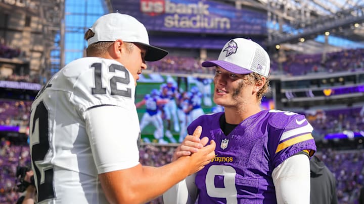 Aug 10, 2024; Minneapolis, Minnesota, USA; Minnesota Vikings quarterback J.J. McCarthy (9) and Las Vegas Raiders quarterback Aidan O'Connell (12) talk after the game at U.S. Bank Stadium. Mandatory Credit: Brad Rempel-Imagn Images Aug 10, 2024; Minneapolis, Minnesota, USA; Minnesota Vikings quarterback J.J. McCarthy (9) and Las Vegas Raiders quarterback Aidan O'Connell (12) talk after the game at U.S. Bank Stadium. Mandatory Credit: Brad Rempel-Imagn Images