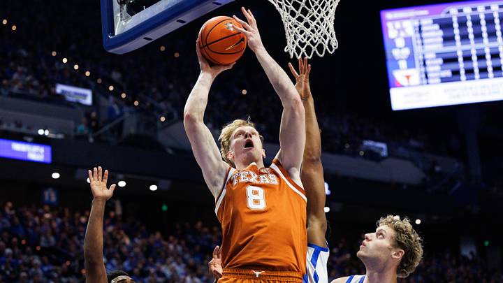 Jan 21, 2026; Lexington, Kentucky, USA; Texas Longhorns center Matas Vokietaitis (8) goes to the basket during the first half against the Kentucky Wildcats at Rupp Arena at Central Bank Center. Mandatory Credit: Jordan Prather-Imagn Images Jan 21, 2026; Lexington, Kentucky, USA; Texas Longhorns center Matas Vokietaitis (8) goes to the basket during the first half against the Kentucky Wildcats at Rupp Arena at Central Bank Center. Mandatory Credit: Jordan Prather-Imagn Images