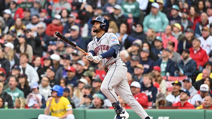 May 2, 2026; Boston, Massachusetts, USA; Houston Astros center fielder Brice Matthews (0) hits a three run home run against the Boston Red Sox during the fourth inning at Fenway Park. Mandatory Credit: Eric Canha-Imagn Images