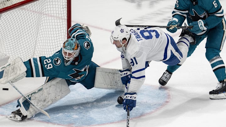 Jan 6, 2024; San Jose, California, USA; San Jose Sharks goaltender Mackenzie Blackwood (29) cannot