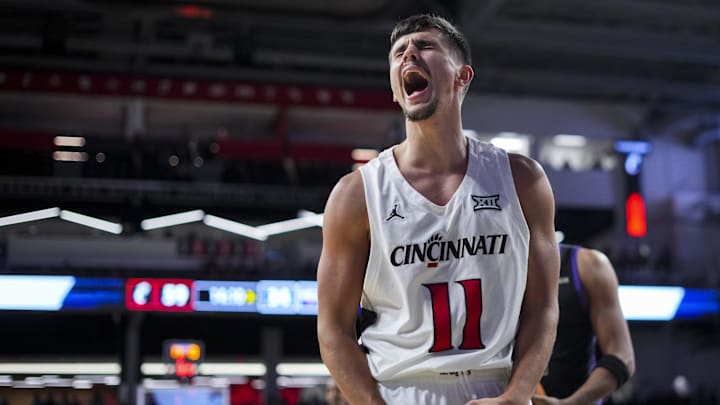 Nov 3, 2025; Cincinnati, Ohio, USA; Cincinnati Bearcats guard Kerr Kriisa (11) reacts after a turnover by the Western Carolina Catamounts in the second half at Fifth Third Arena. Mandatory Credit: Aaron Doster-Imagn Images Nov 3, 2025; Cincinnati, Ohio, USA; Cincinnati Bearcats guard Kerr Kriisa (11) reacts after a turnover by the Western Carolina Catamounts in the second half at Fifth Third Arena. Mandatory Credit: Aaron Doster-Imagn Images