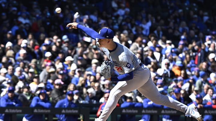 Apr 5, 2024; Chicago, Illinois, USA;  Los Angeles Dodgers starting pitcher Bobby Miller (28) delivers against the Chicago Cubs during the first inning at Wrigley Field. Mandatory Credit: Matt Marton-USA TODAY Sports