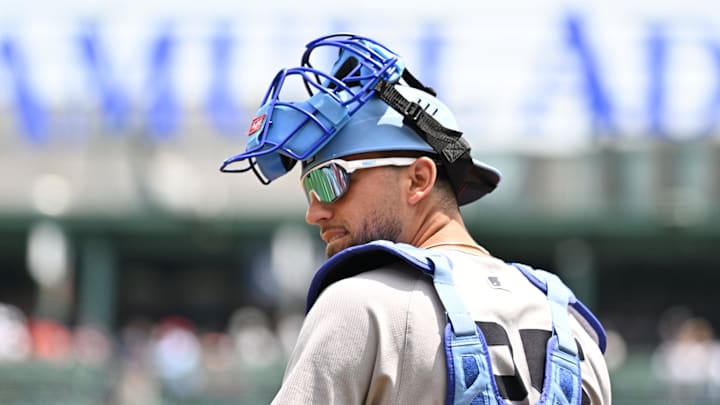 Jun 15, 2025; Boston, Massachusetts, USA; New York Yankees catcher J.C. Escarra (25) heads out to warmup before a game against the Boston Red Sox at Fenway Park. Mandatory Credit: Eric Canha-Imagn Images