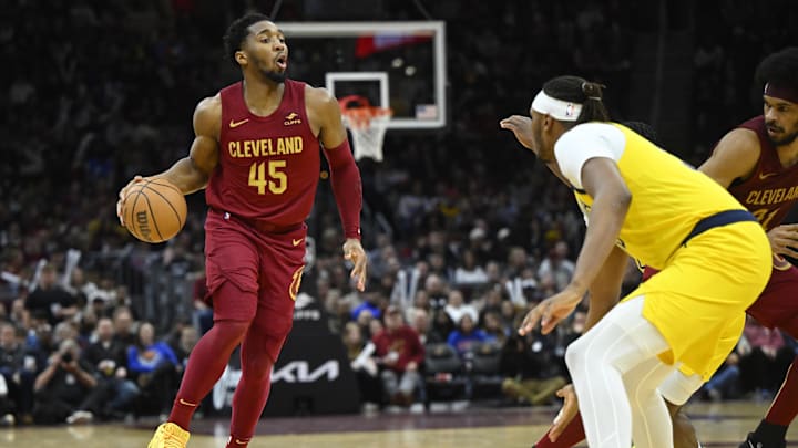 Apr 12, 2024; Cleveland, Ohio, USA; Cleveland Cavaliers guard Donovan Mitchell (45) brings the ball up court in the second quarter against the Indiana Pacers at Rocket Mortgage FieldHouse. Mandatory Credit: David Richard-USA TODAY Sports Apr 12, 2024; Cleveland, Ohio, USA; Cleveland Cavaliers guard Donovan Mitchell (45) brings the ball up court in the second quarter against the Indiana Pacers at Rocket Mortgage FieldHouse. Mandatory Credit: David Richard-USA TODAY Sports