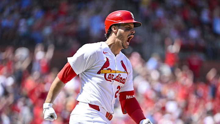 May 4, 2024; St. Louis, Missouri, USA;  St. Louis Cardinals third baseman Nolan Arenado (28) reacts