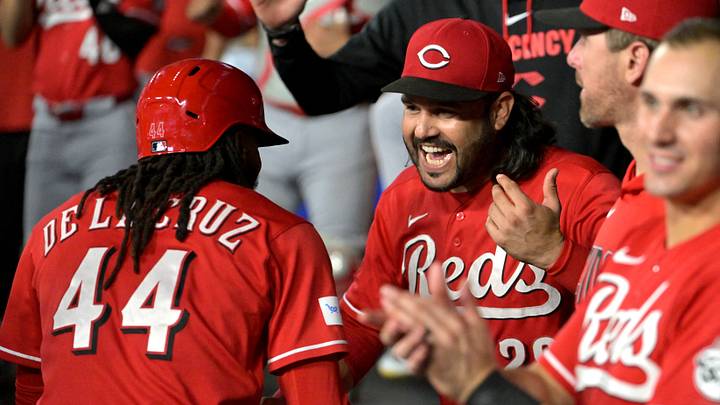 Sep 8, 2026; Los Angeles, California, USA; Cincinnati Reds shortstop Elly De La Cruz (44) celebrates with designated hitter Eugenio Suarez (28) after a two-run home run against the Los Angeles Dodgers in the third inning at Dodger Stadium. Mandatory Credit: Jayne Kamin-Oncea-Imagn Images Sep 8, 2026; Los Angeles, California, USA; Cincinnati Reds shortstop Elly De La Cruz (44) celebrates with designated hitter Eugenio Suarez (28) after a two-run home run against the Los Angeles Dodgers in the third inning at Dodger Stadium. Mandatory Credit: Jayne Kamin-Oncea-Imagn Images