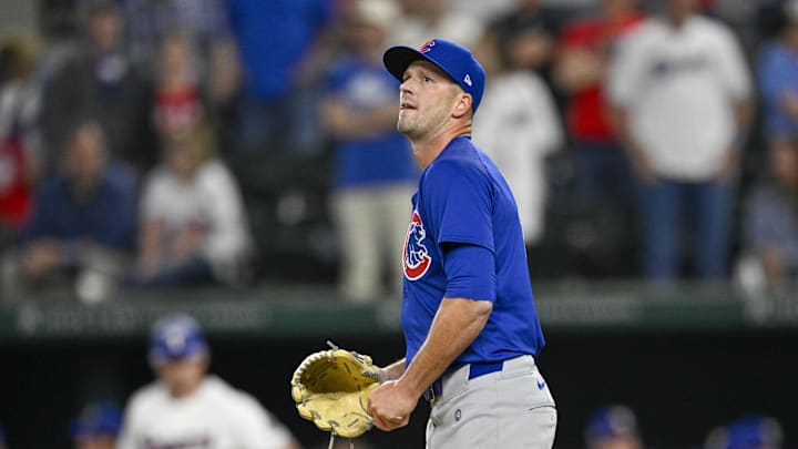 Mar 31, 2024; Arlington, Texas, USA; Chicago Cubs starting pitcher Drew Smyly (11) pitches in relief