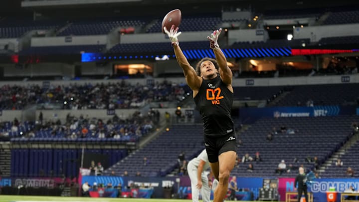 Stanford wideout Elic Ayomanor (WO02) during the 2025 NFL Combine at Lucas Oil Stadium. Mandatory Credit: Kirby Lee-Imagn Images