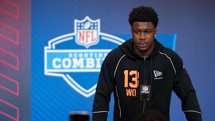 Feb 27, 2026; Indianapolis, IN, USA; Cincinnati wideout Jeff Caldwell (WO13) speaks to members of the media during the NFL Combine at the Indiana Convention Center. Mandatory Credit: Jacob Musselman-Imagn Images