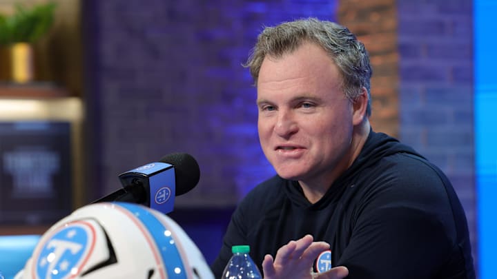 Titans general manager Mike Borgonzi speaks to members of the media during a pre NFL draft press conference held at the Titans practice facility Thursday, April 16, 2026.