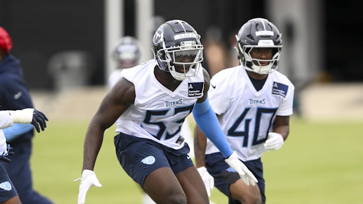 Tennessee Titans outside linebacker Oluwafemi Oladejo goes through drills during Rookie Mini Camp at Saint Thomas Sports Park. Mandatory Credit: Steve Roberts-Imagn Images