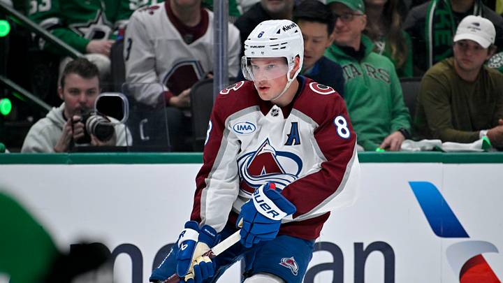 Apr 21, 2025; Dallas, Texas, USA; Colorado Avalanche defenseman Cale Makar (8) in action during the game between the Dallas Stars and the Colorado Avalanche in game two of the first round of the 2025 Stanley Cup Playoffs at American Airlines Center. Mandatory Credit: Jerome Miron-Imagn Images