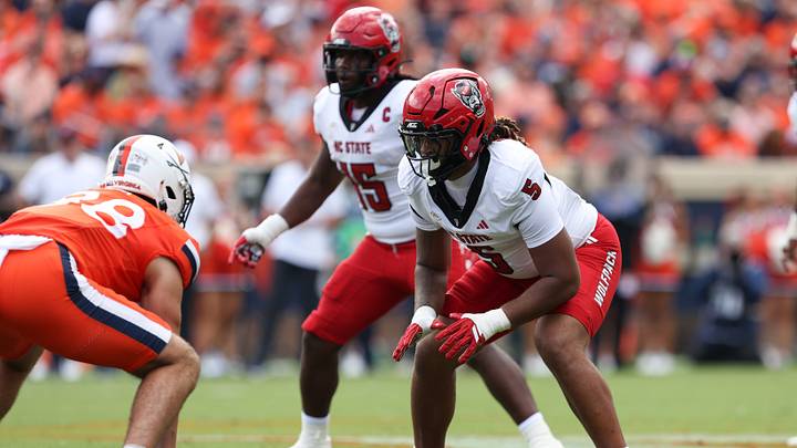 Aug 29, 2026; Charlottesville, Virginia, USA; North Carolina State Wolfpack linebacker Harvey Dyson III (5) pre-snap during the first quarter of the game against the Virginia Cavaliers at Scott Stadium. Mandatory Credit: Greg Atkins-Imagn Images Aug 29, 2026; Charlottesville, Virginia, USA; North Carolina State Wolfpack linebacker Harvey Dyson III (5) pre-snap during the first quarter of the game against the Virginia Cavaliers at Scott Stadium. Mandatory Credit: Greg Atkins-Imagn Images